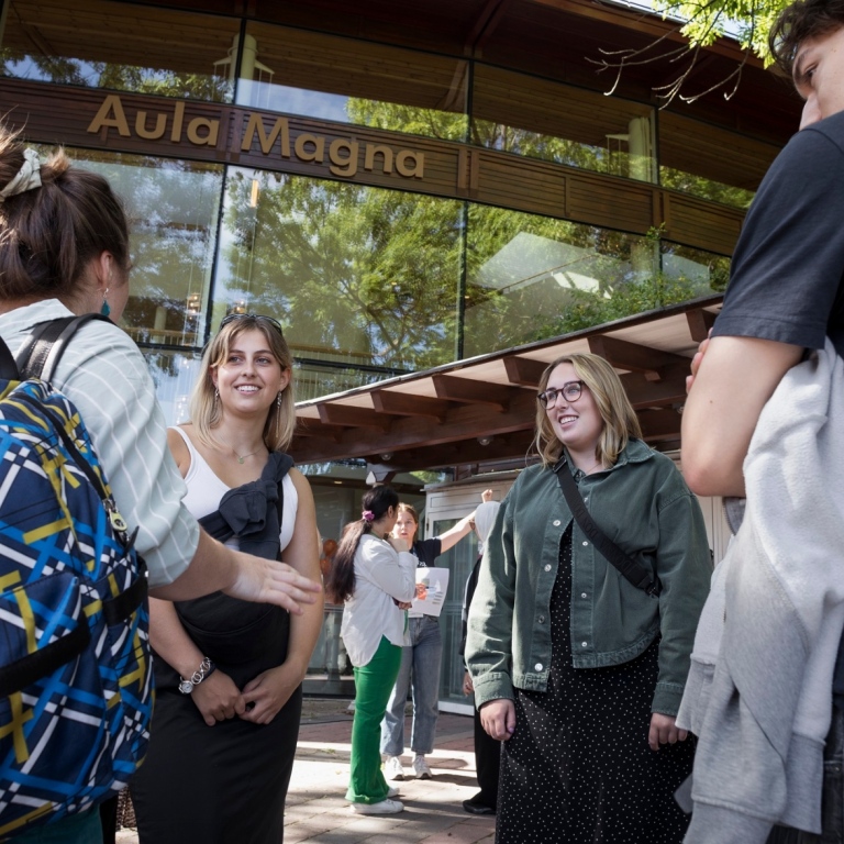 New students outside Aula Magna during the welcome activities.